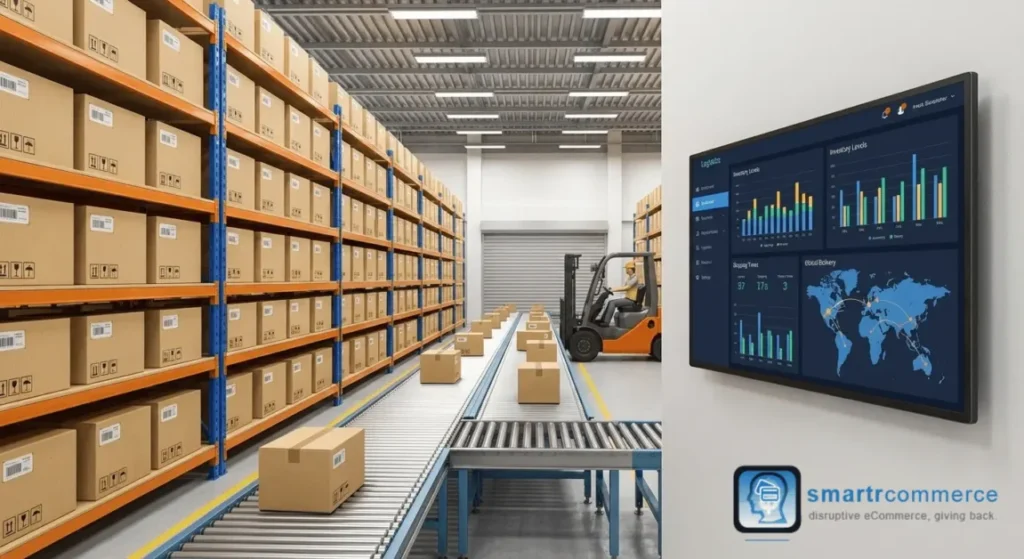 This image of a modern warehouse and data dashboard visually represents the backend operations, logistics, and date-driven approach.