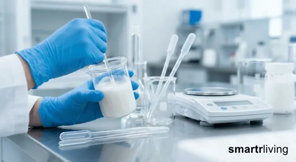 Illustration of the scientific, custom formulation aspect discussed in this section, showing a chemist at work.