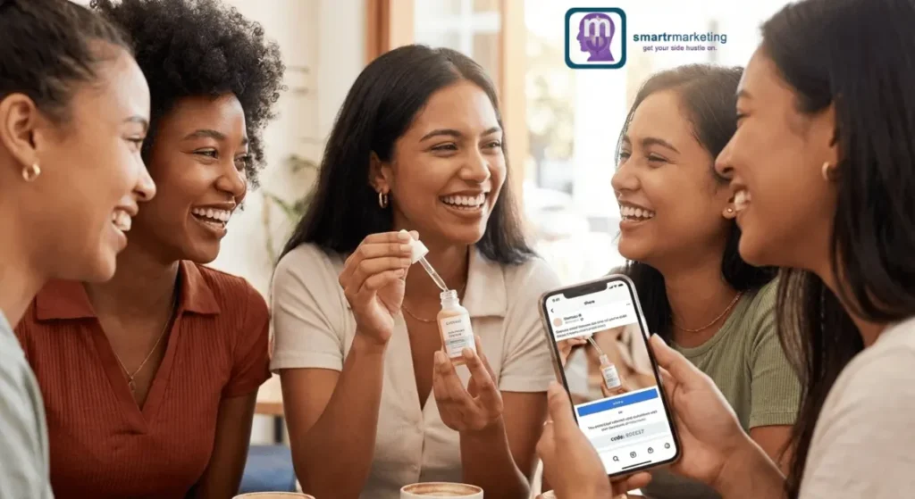 This image depicts the concept of community and advocacy, showing friends sharing a beauty product, which is the core of the SmartrMarketing strategy.