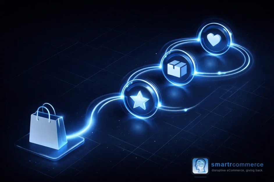 A 3D isometric visualization of a customer journey loop, representing repurchase transactions and growth.