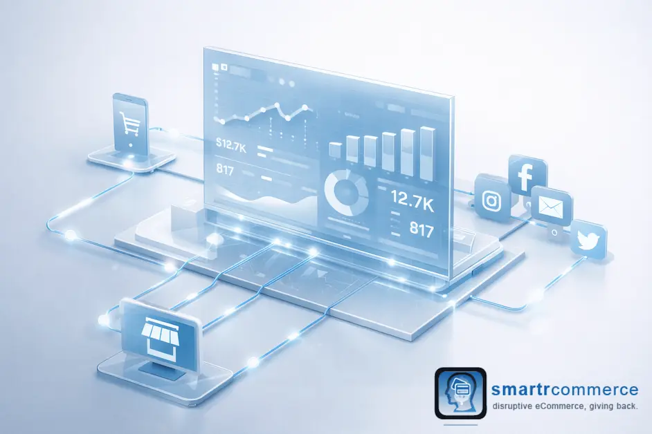 A streamlined and unified commerce system dashboard showing how SmartrCommerce connects all business functions natively without app stacking
