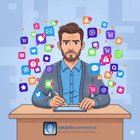 A store owner feeling overwhelmed by a swarm of Shopify apps representing the high cost and complexity of app dependency.