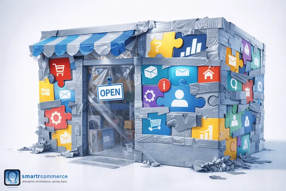 A storefront built with duct tape to symbolize the fragmented and non-native nature of complex Shopify workflows.